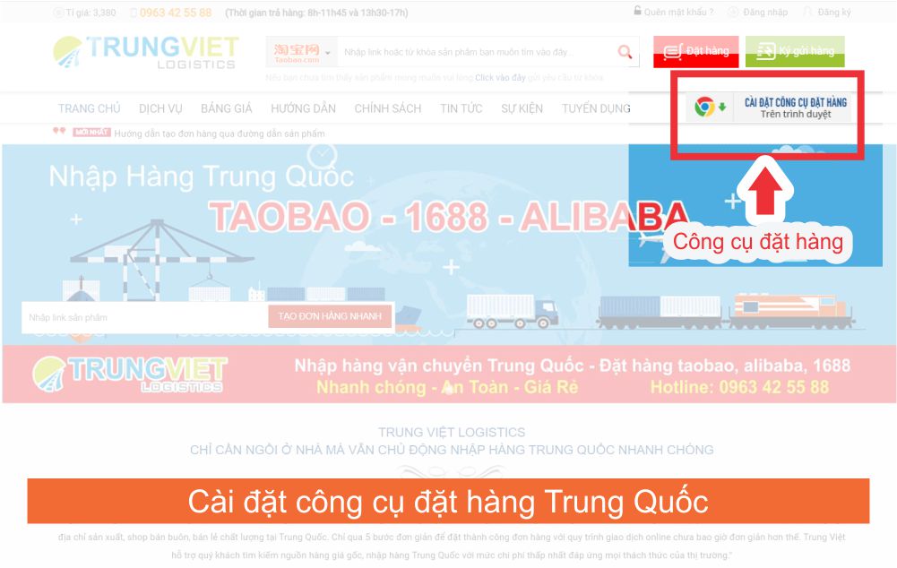 Link cài đặt công cụ nhập hàng Trung Quốc ngay trên góc phải Website khotrungviet.com